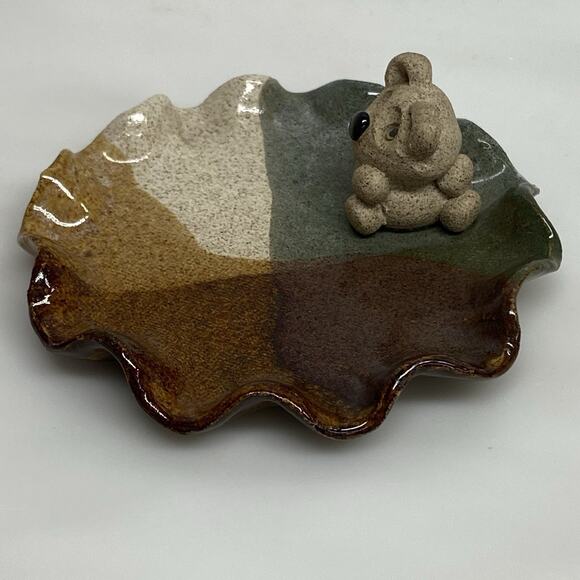 Handmade Ring Trinket Dish w/ Koala Bear Browns Tans Ruffled Edge - Picture 3 of 7